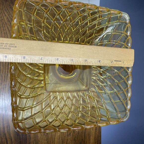 LE Smith Footed Trellis Square Compote Bowl Vase Weave Yellow Glass LARGE‎ 8.5"H - Picture 7 of 14